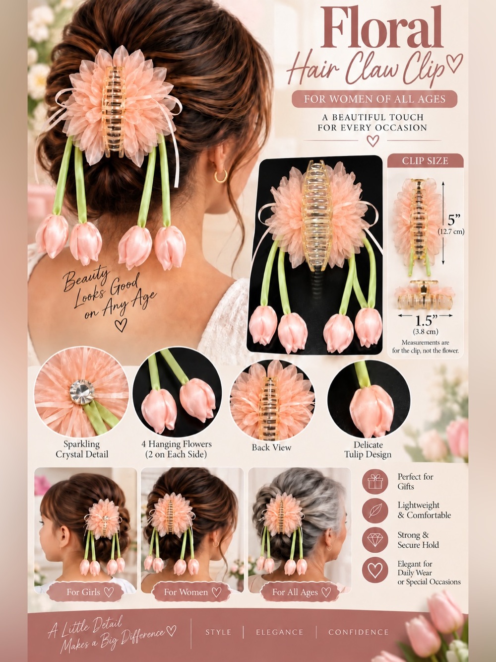 Women’s Floral Hair Claw Clip Ivory Peach color Flower 4 Hanging Tulips Elegant